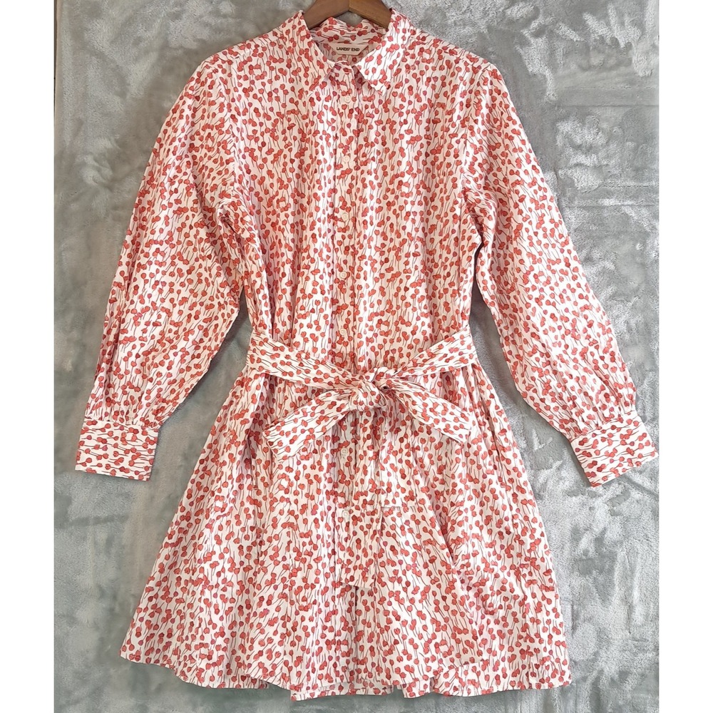 Lands' End Cotton Poplin Belted Button Front Floral Shirt Dress Godets Size L - Picture 3 of 9